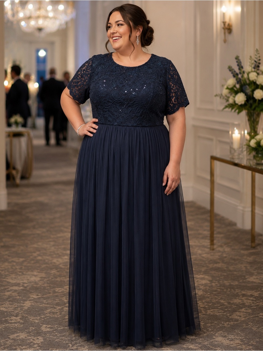 Elegant Navy embroidered lace with sequins Lined Maxi Dress Plus 1X